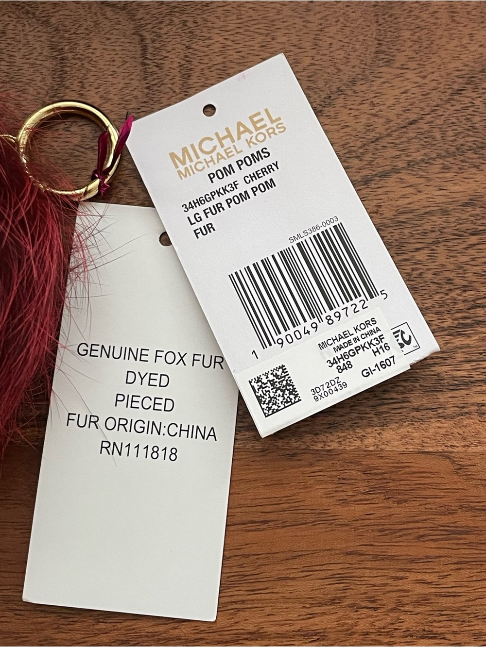MICHAEL M KORS Large Cherry Color Fox Fur Pom Pom Bag Charm Gift Boxed - Picture 2 of 6